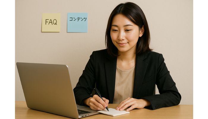 デスクでノートパソコンを操作しながら、メモを取る日本人女性マーケター