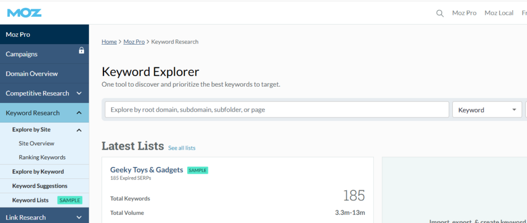 Moz Keyword Explorer