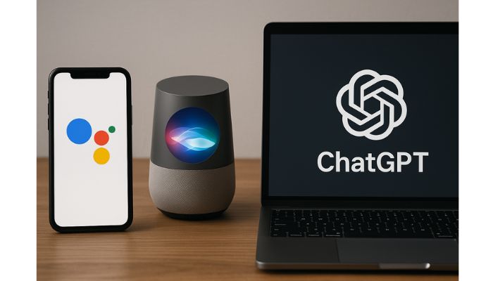 複数のデバイスに囲まれ、それぞれの画面に異なるAIアシスタント