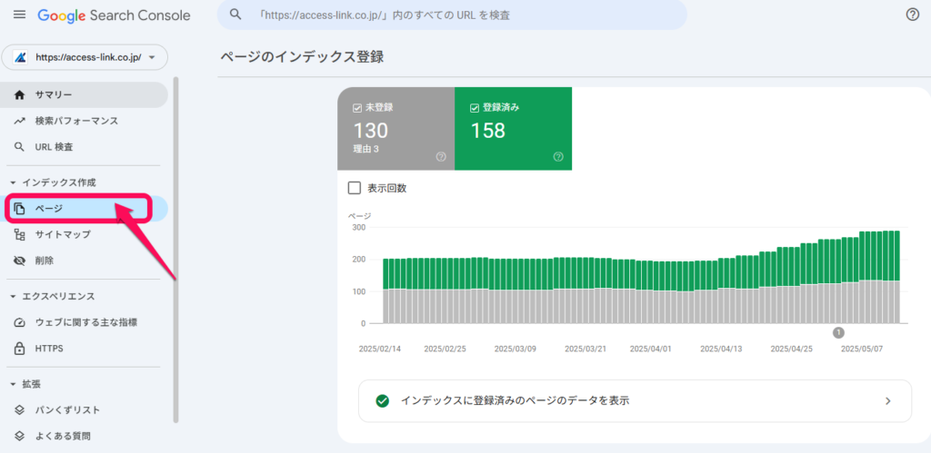 Googleサーチコンソールのページ