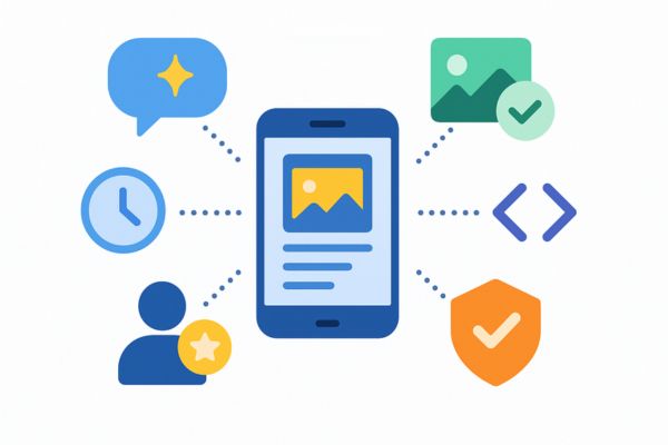 Google Discover掲載の可能性を高める6つの施策を表すアイコン図解。タイトル、画像、構造化データ、鮮度、専門性、信頼性