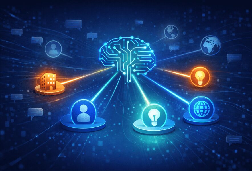 AI検索時代にエンティティの重要性が高まる理由を表すイラスト。AI脳がエンティティとして認識された企業や専門家の情報を引用・参照する様子を表現