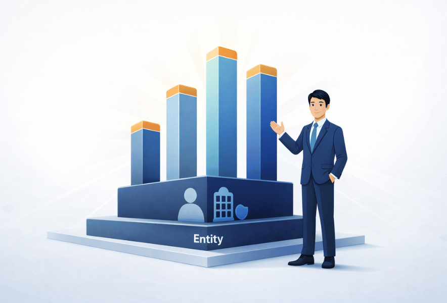 エンティティとE-E-A-Tの密接な関係を示すイラスト。エンティティを土台にして経験・専門性・権威性・信頼性の4本の柱が立つピラミッド構造を表現