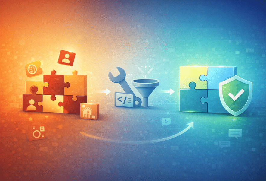 エンティティSEOで注意すべき失敗パターンと解決策を示すイラスト。情報の不一致や構造化データの乖離などの問題から解決までの流れをフロー図で表現