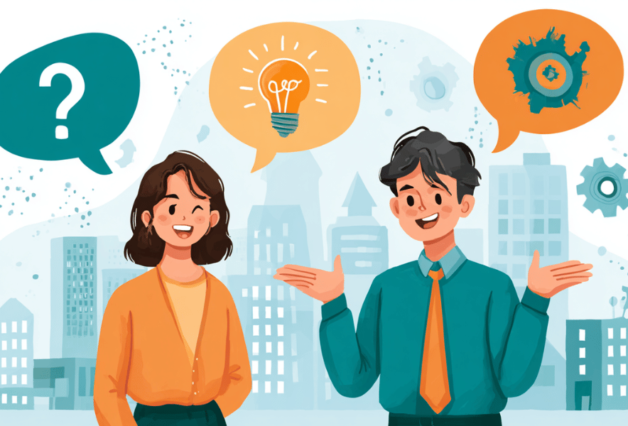 エンティティSEOに関するよくある質問をイメージしたイラスト。中小企業の経営者やWeb担当者が疑問を解決していく会話形式の場面を表現