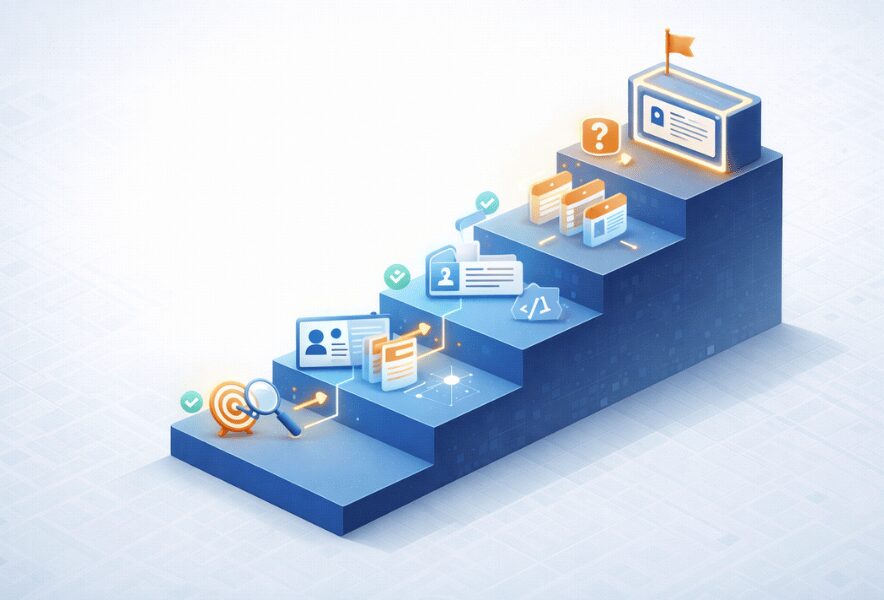 中小企業や個人事業主が今日から実践できるエンティティSEO対策6ステップを示すイラスト。専門テーマ設定から構造化データ実装、ナレッジパネル獲得までの階段を表現