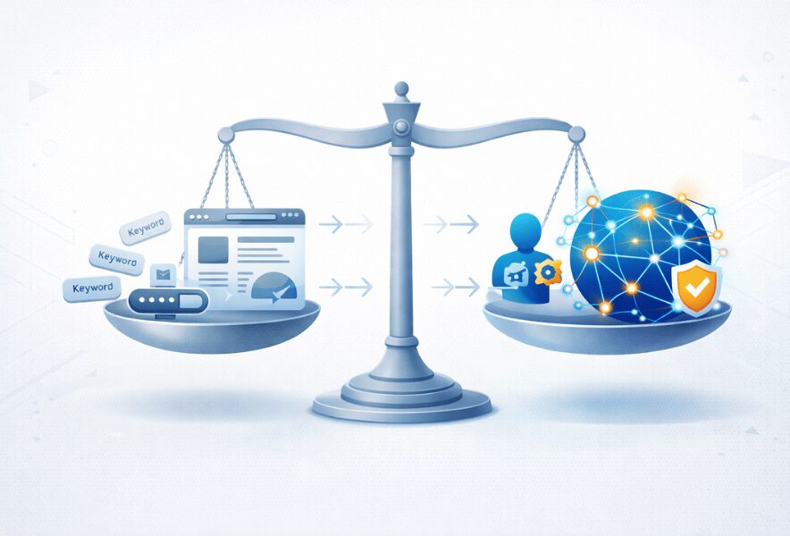 キーワードSEOとエンティティSEOの違いを天秤で比較するインフォグラフィック風イラスト。従来のキーワード対策と意味を重視するエンティティ対策の対比を表現