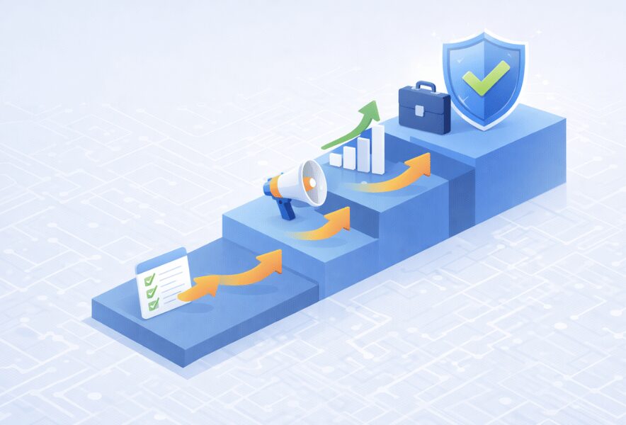 ネガティブサジェスト対策の3ステップを表すロードマップイラスト