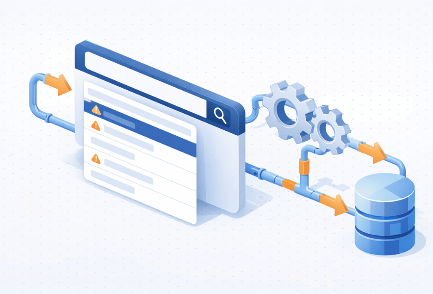 検索サジェスト機能の仕組みとアルゴリズムを表すアイソメトリックイラスト