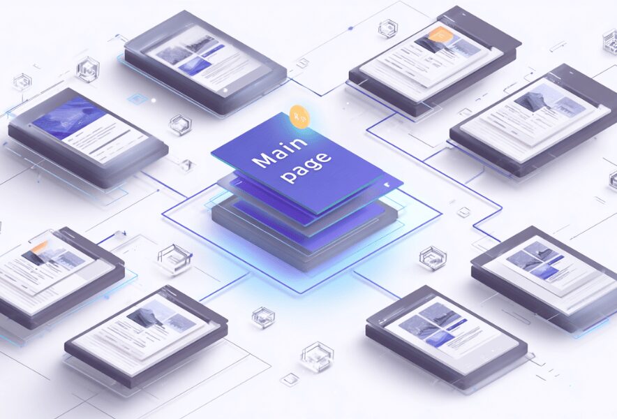 1記事だけのSEO対策では不十分な理由を示すイラスト。サイト全体の内部リンク網で結ばれた複数ページと孤立した1ページの対比を俯瞰で表現