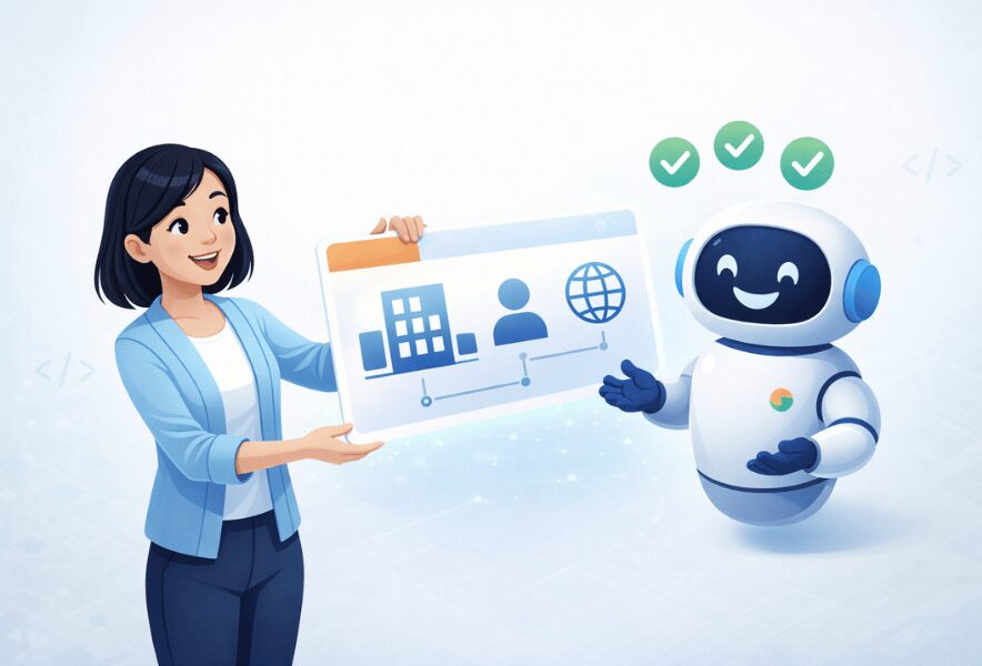 構造化データがエンティティの自己紹介シートとして機能する様子を表すイラスト。企業や人物の情報が記載されたデジタルカードを検索エンジンロボットに手渡す場面