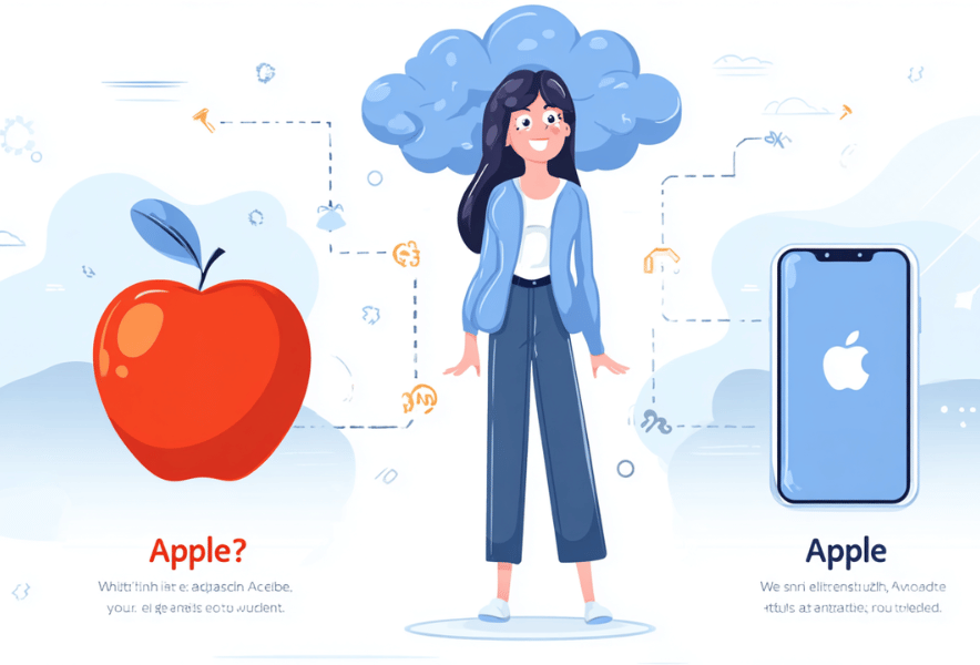 エンティティの意味を初心者向けに解説するイメージ。同じ「Apple」という単語が果物のリンゴとIT企業の2つの異なるエンティティに分岐する様子を表したイラスト