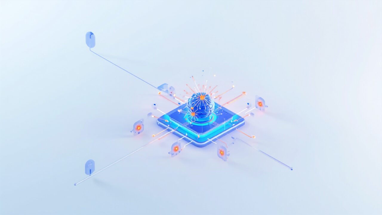AI検索エンジンの仕組みを表すアイソメトリックイラスト