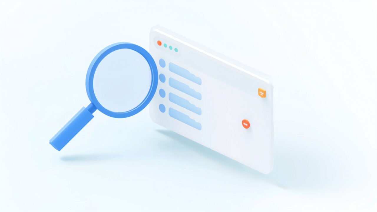 検索結果のFAQを虫眼鏡で確認するアイソメトリックイラスト