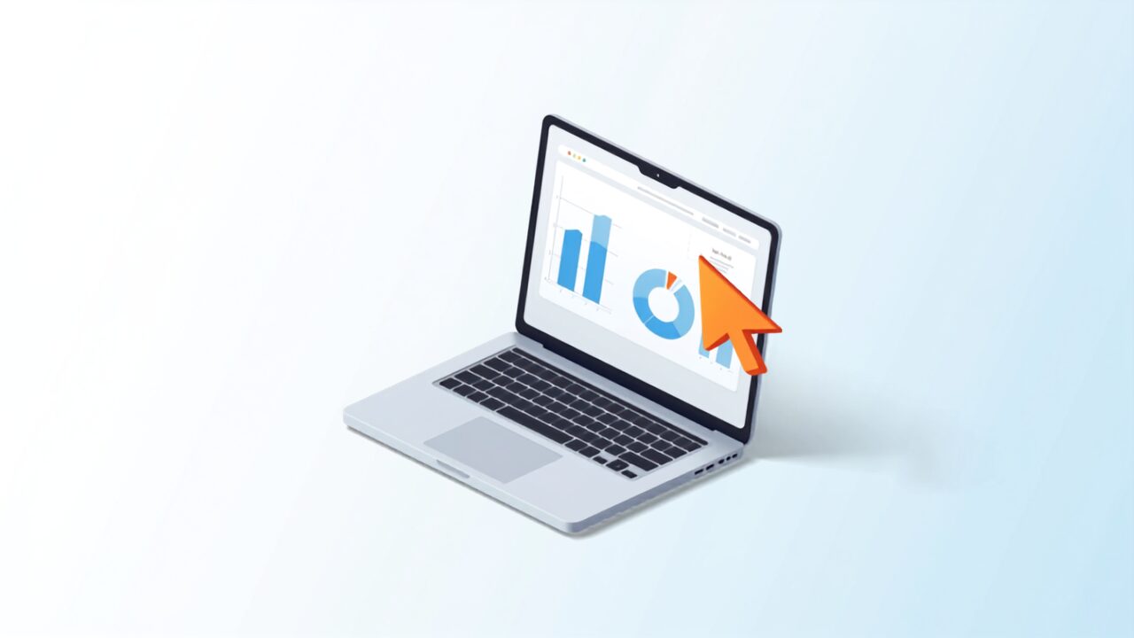 Search Consoleでレポートを開く操作を表すノートパソコンのイラスト