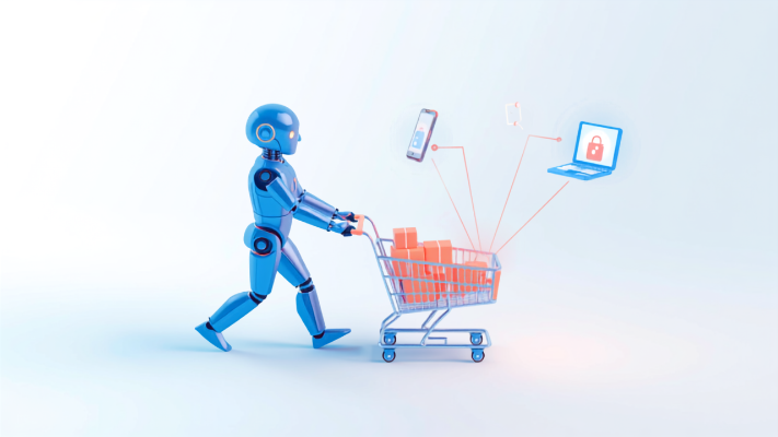 AIエージェントが商品をカートに入れて代わりに買い物する様子のイラスト