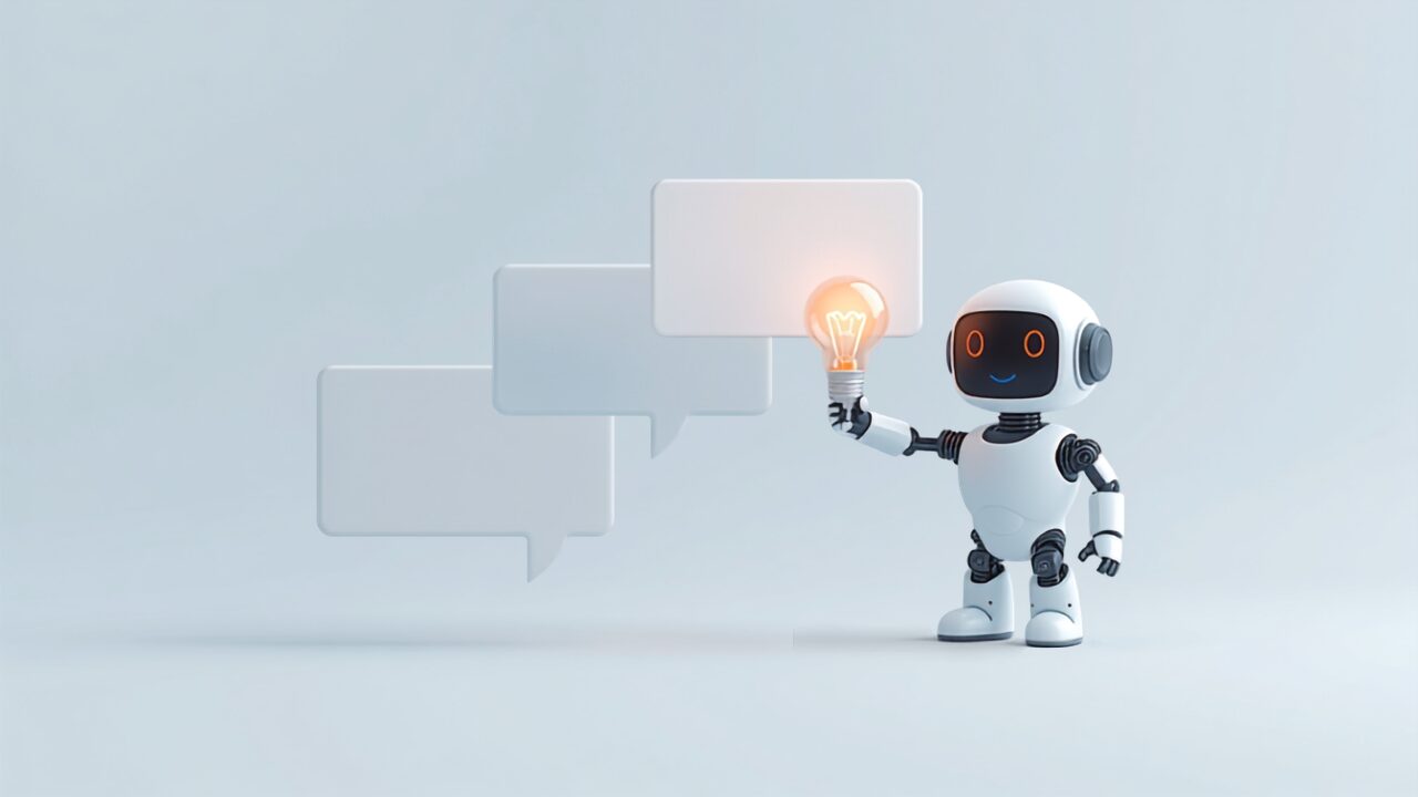 よくある質問(吹き出しと電球を持つAIロボットのイラスト)