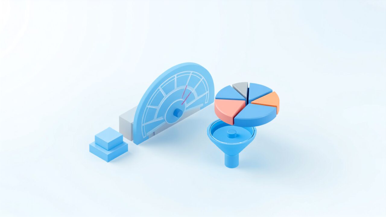 レポートの指標とフィルタ(メーターと円グラフ、フィルターのイラスト)
