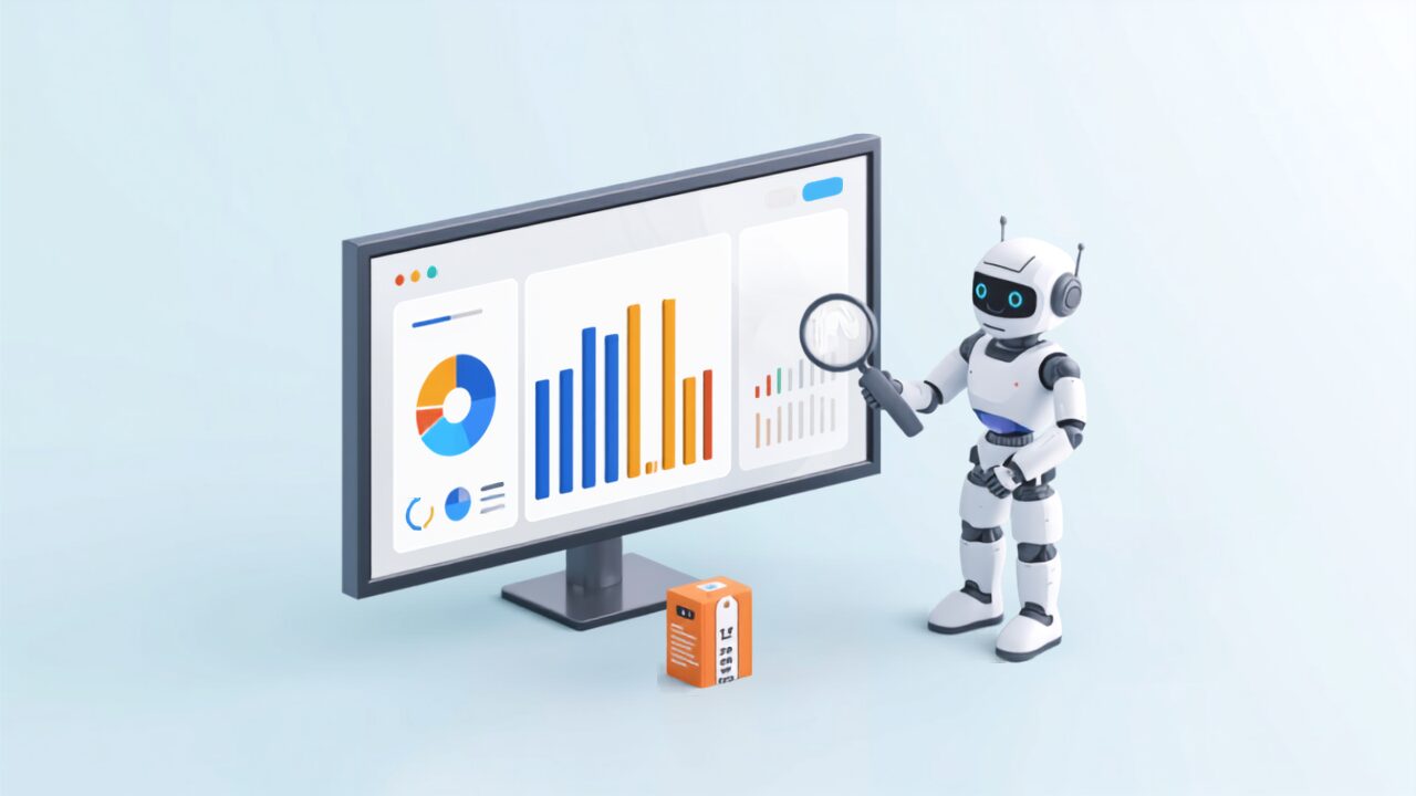 AIパフォーマンス分析とは(分析ダッシュボードを虫眼鏡で調べるAIロボットのイラスト)