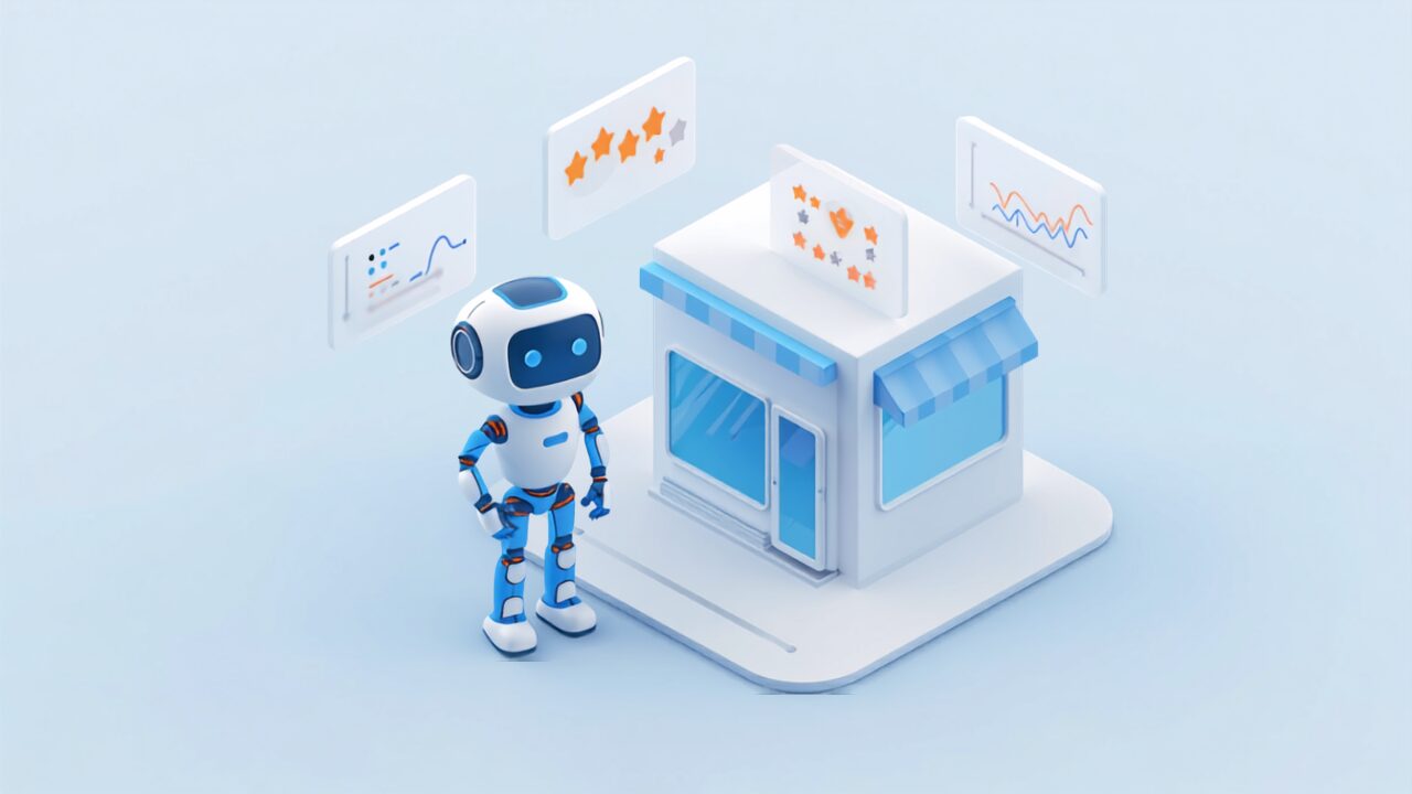 AIアシスタントが店舗のデータを分析するイメージイラスト