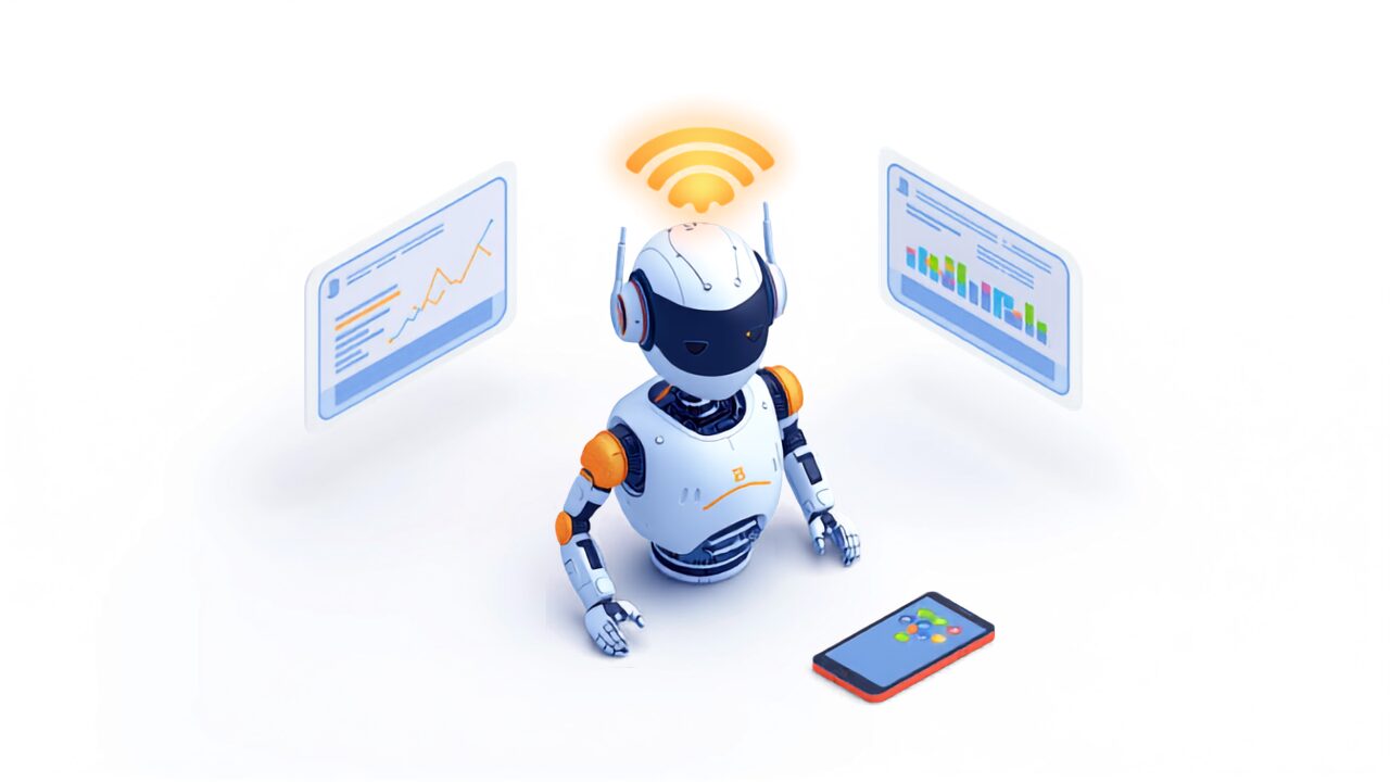 情報エージェントの概要：AIロボットが複数の情報画面を監視しているイラスト