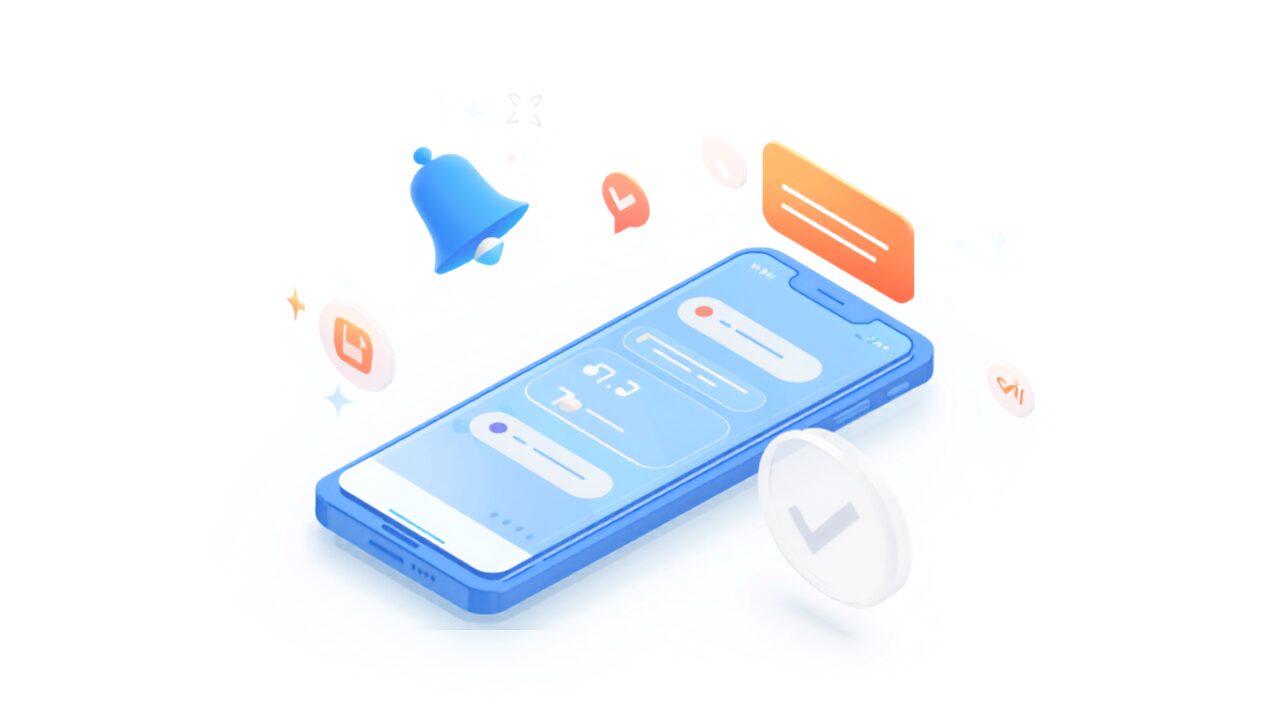 情報エージェントの設定手順：スマートフォンのチャット画面と通知ベルのイラスト