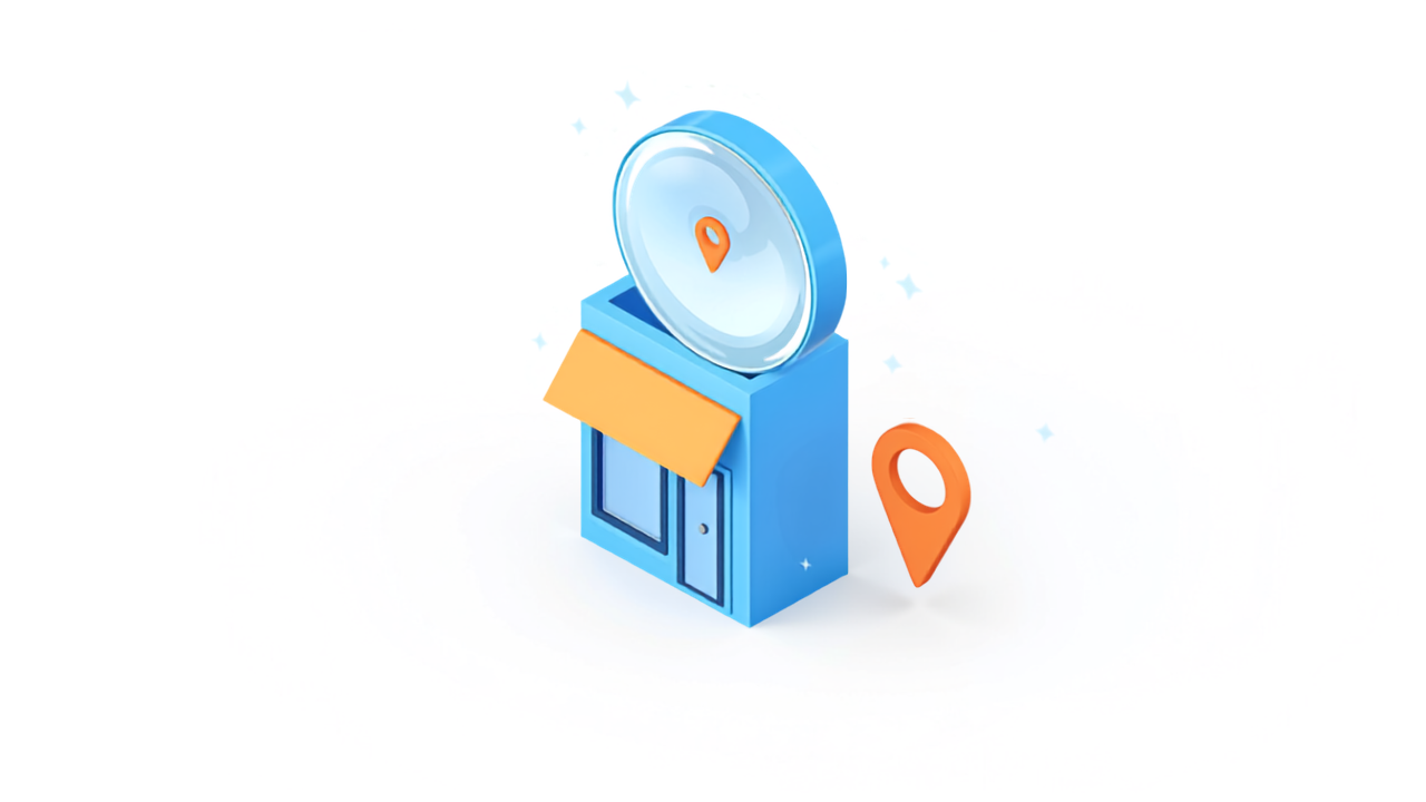ローカルGEOとは 虫眼鏡と店舗と地図ピンのイラスト