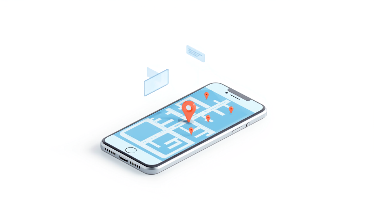 AI検索が地域の店舗を表示するスマートフォンと地図のイラスト