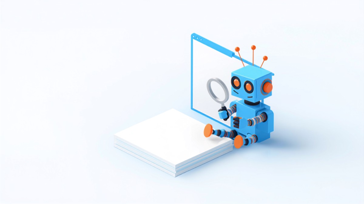 ロボットがブラウザ枠と書類の前で情報を探しているイラスト