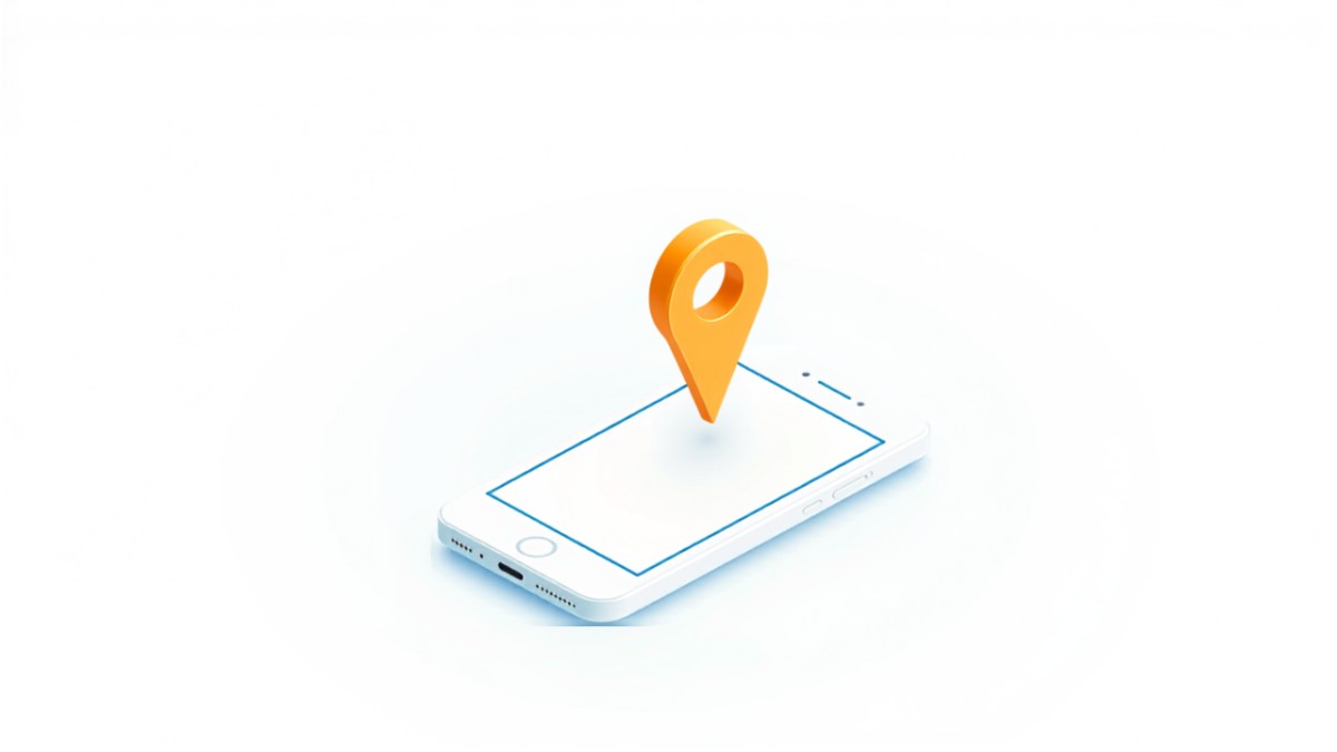 スマートフォンの上にマップのピンが立ち地図での見え方を表したアイソメトリックイラスト