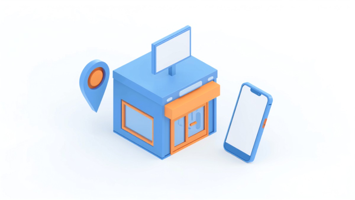 Googleビジネスプロフィールの店名ルールが更新されたことを表す店舗とピンのアイソメトリックイラスト