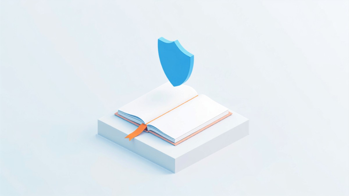 Googleのスパムポリシーを表す開いた本と盾のアイソメトリックイラスト