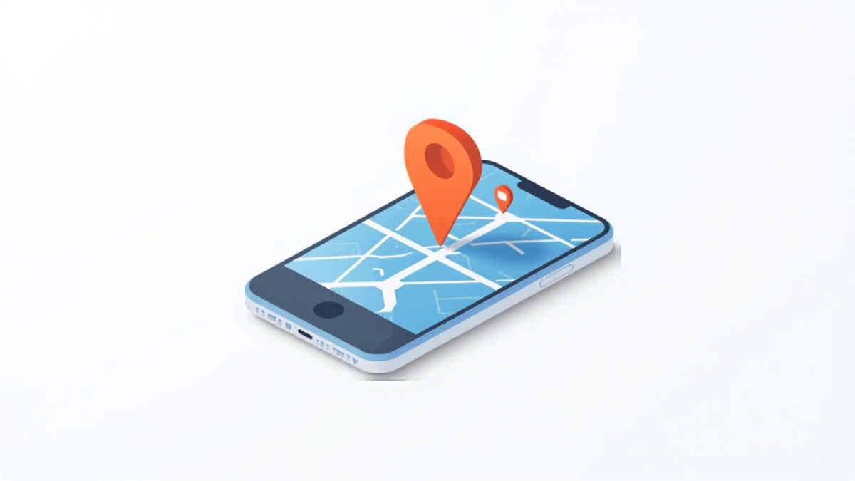 縦向きのスマートフォンに地図と位置ピンが表示されたアイソメトリックイラスト