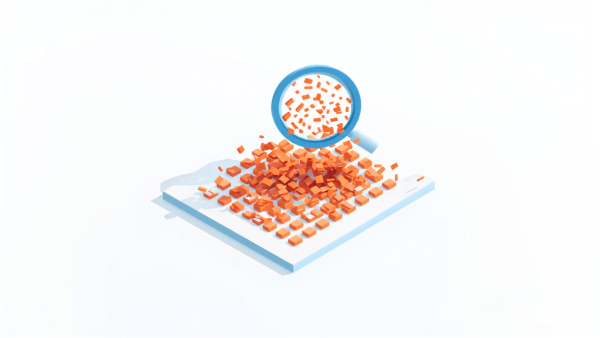 ページにキーワードが過剰に詰め込まれ虫眼鏡で調べられている様子のアイソメトリックイラスト