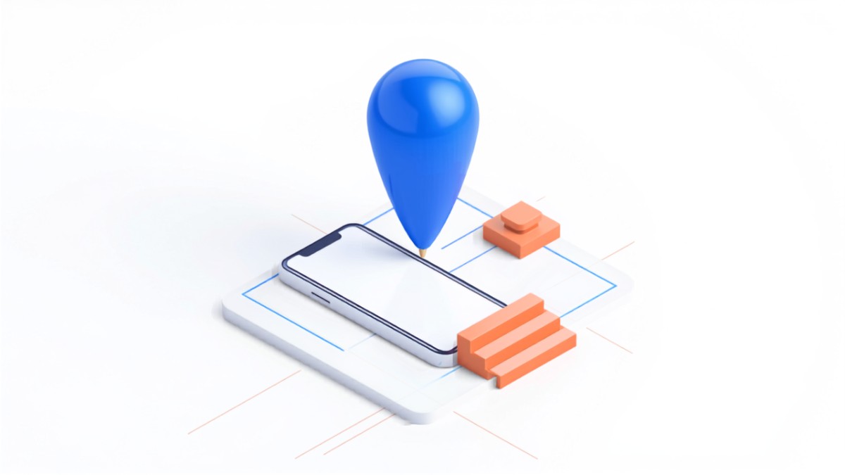 地図の上のマップピンとスマートフォンでローカル検索の順位を表すイラスト