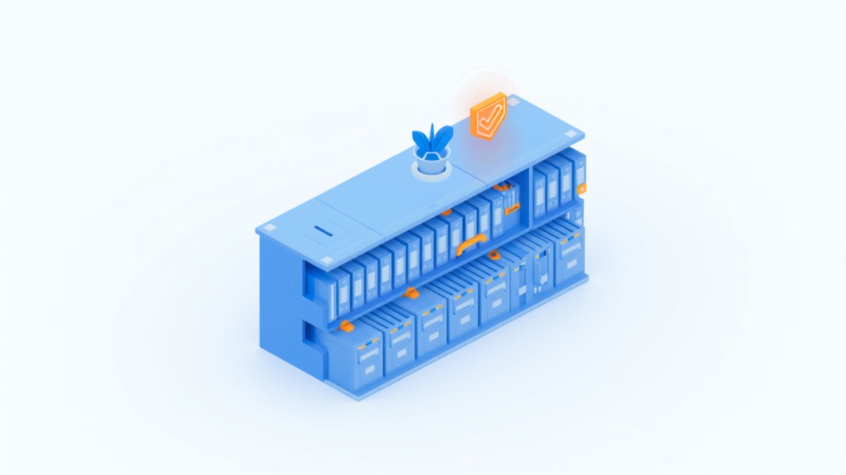 整理されたアーカイブ保管庫とチェックマークで運用の定着を表したイラスト