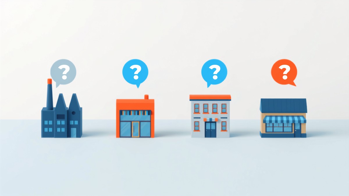 4つの業種の建物の上に疑問符の吹き出しが並ぶよくある質問のイラスト