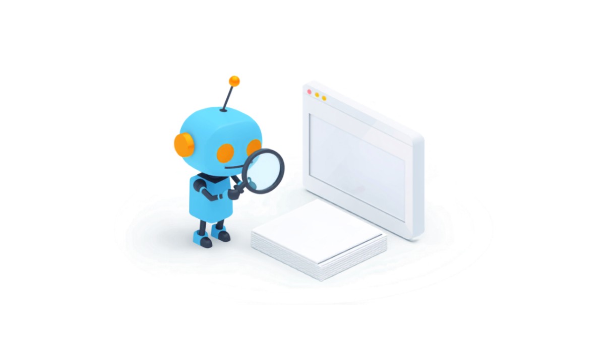 ロボットが紙の書類とブラウザ画面を見比べているイラスト