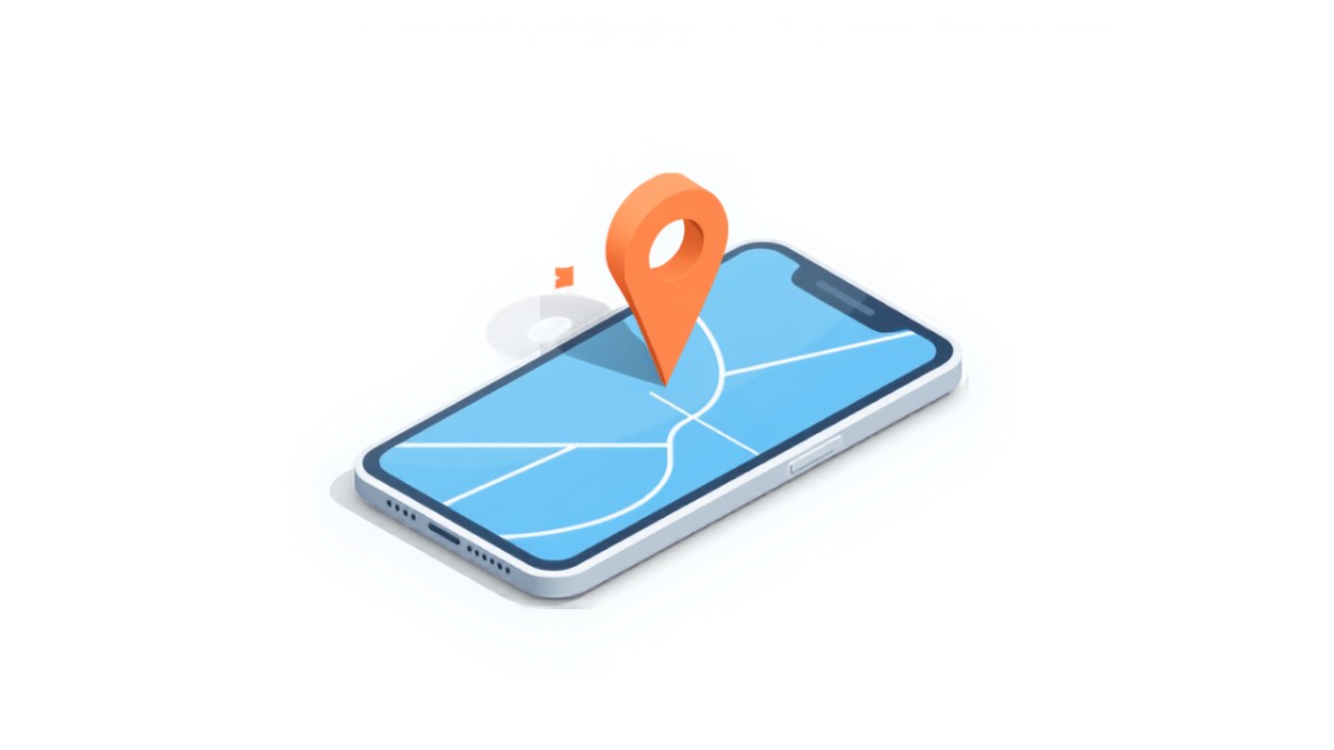 スマートフォンの地図画面の上に赤い位置ピンが立つアイソメトリックイラスト