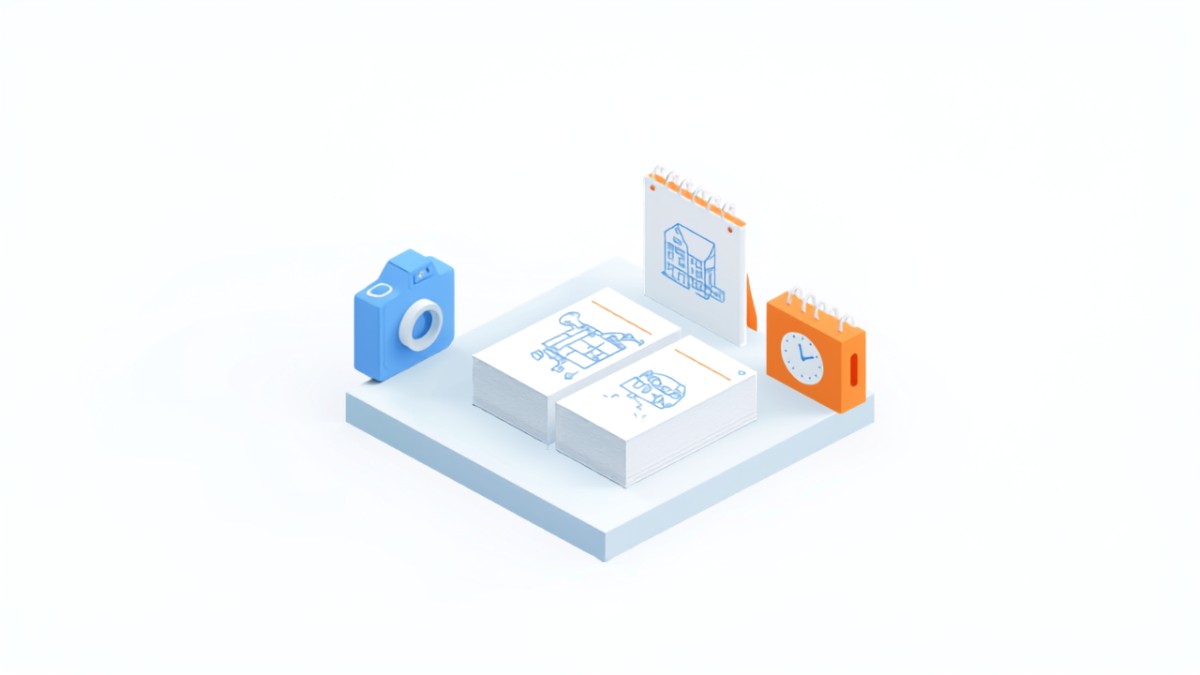 カメラと施工写真とカレンダーで投稿内容と頻度を表したイラスト