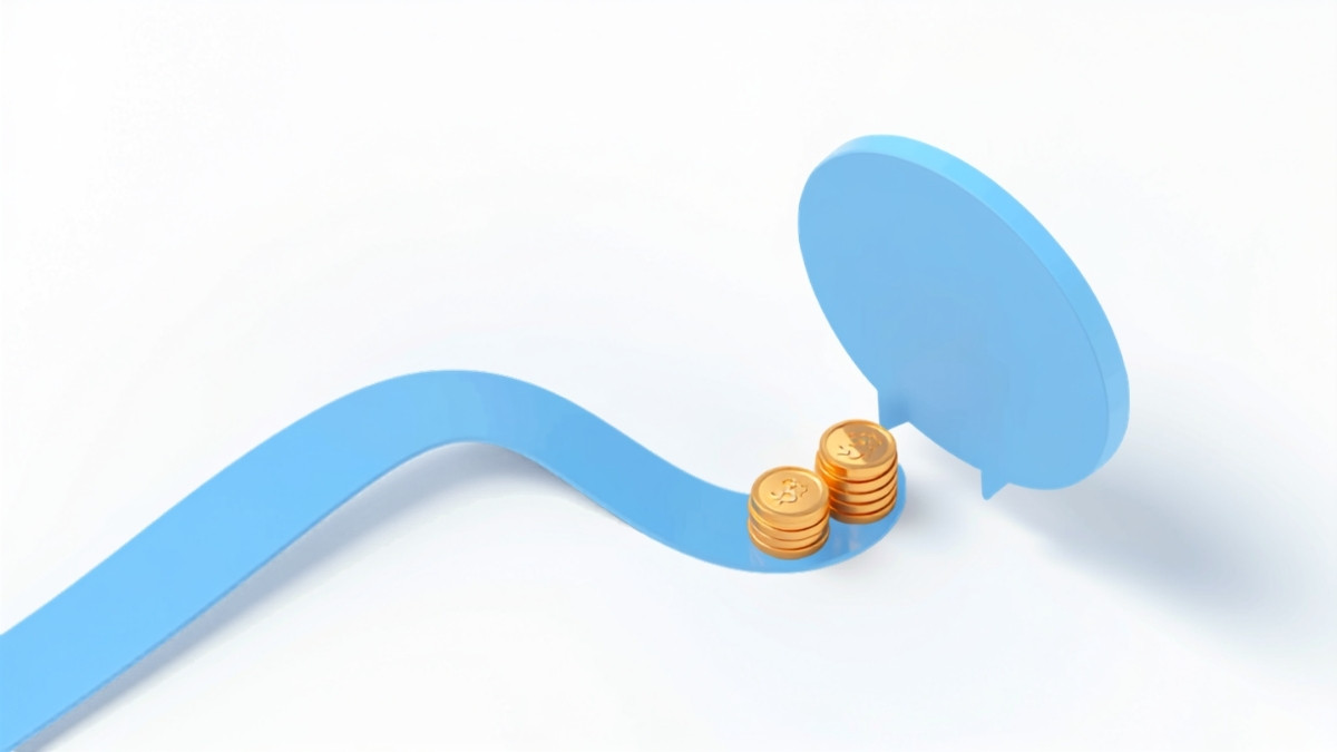 青いリボンの道を進む金貨がAI回答の吹き出しへ流れ込むアイソメトリックイラスト