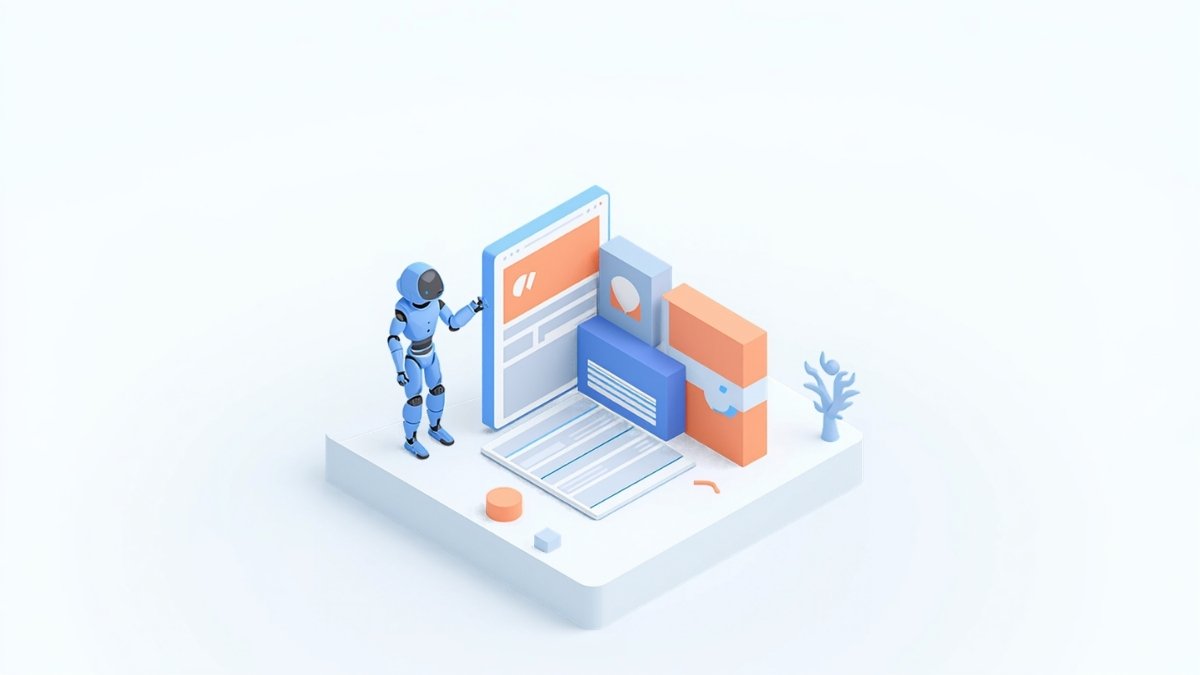 ロボットがホームページのレイアウトを組み立てるイラスト