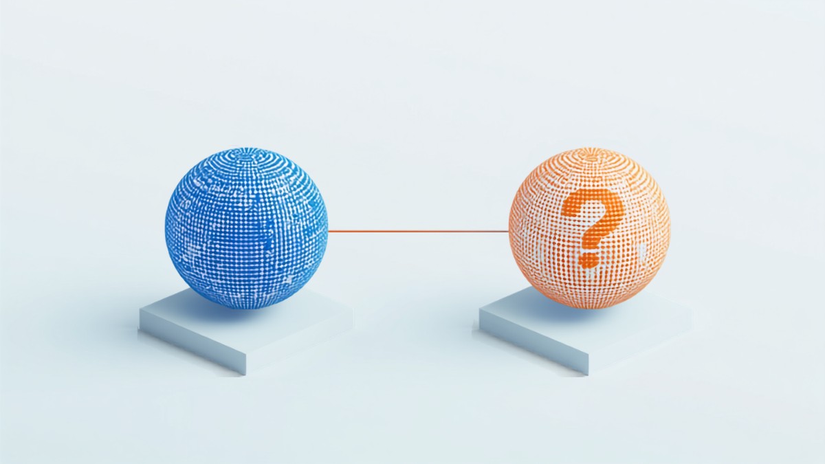データで埋まった青い球と疑問符が浮かぶオレンジ色の球が並ぶイラスト