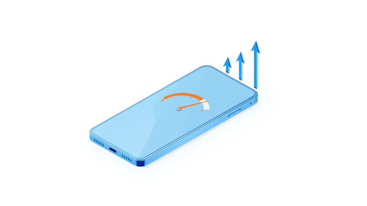 スマートフォンの速度メーターと上向きの矢印が並ぶイラスト