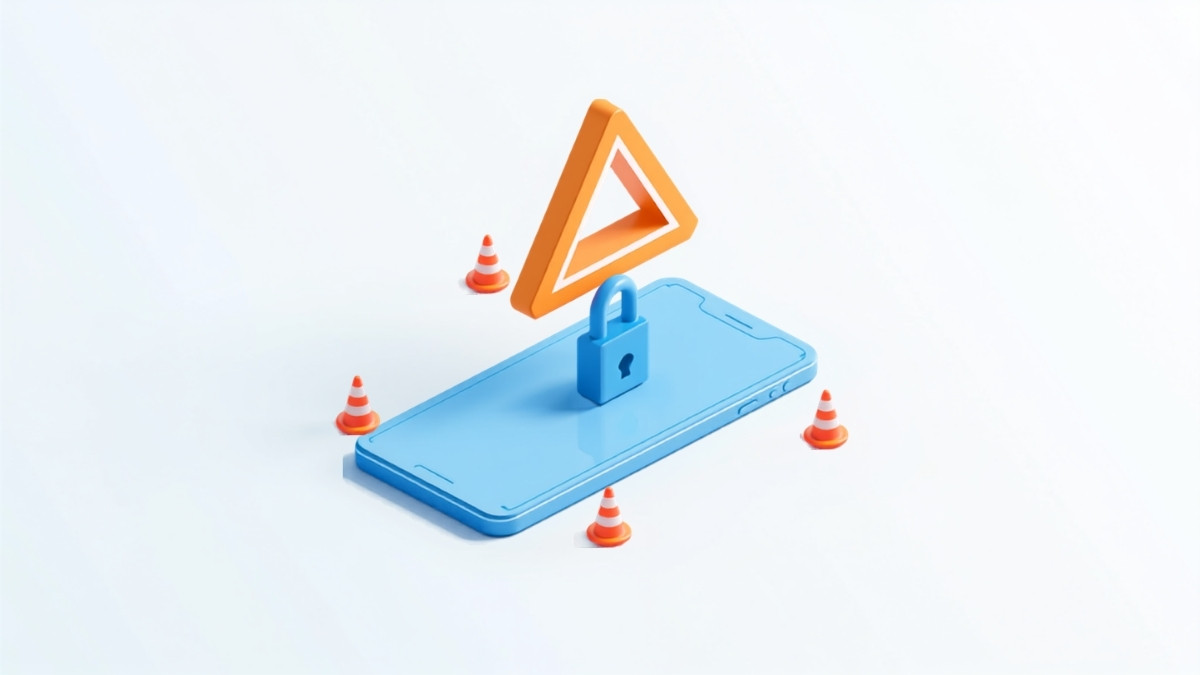 スマートフォンの上に警告の三角マークと鍵が置かれたイラスト