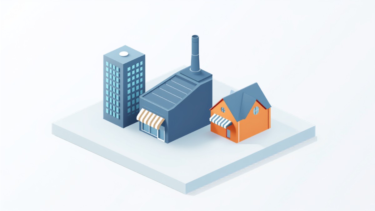 業種ごとにサジェスト調査の着眼点が違うことを表した建物のイラスト
