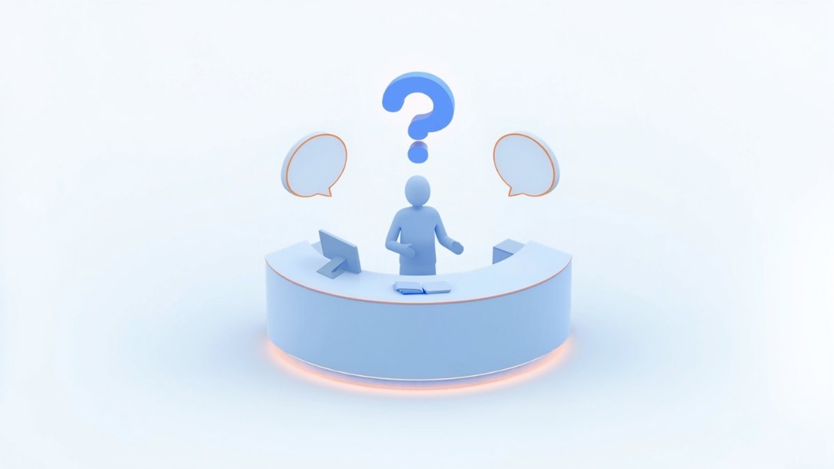 相談カウンターで担当者が質問に答えている、よくある質問のイラスト