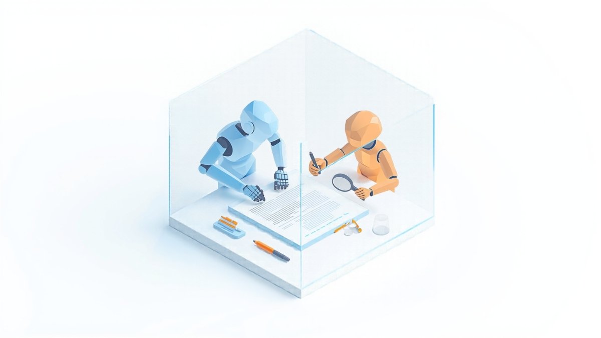 ロボットが下書きした文書を人が虫眼鏡で確認している様子のイラスト