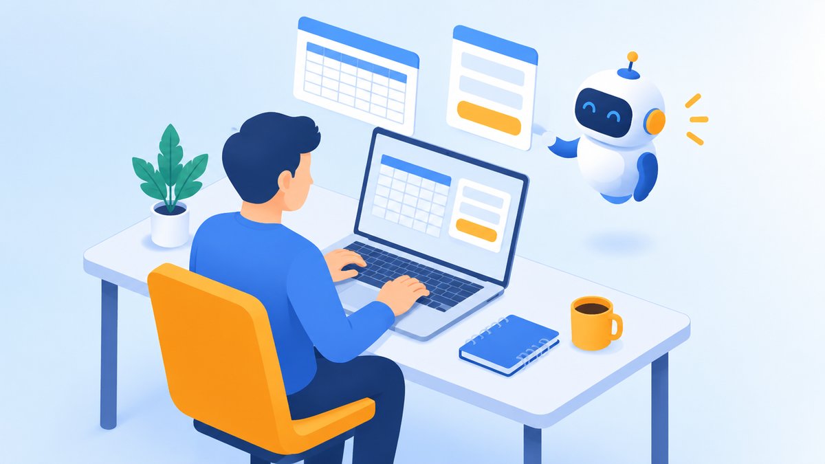 社員がノートパソコンで社内用の小さなアプリを試作するイラスト