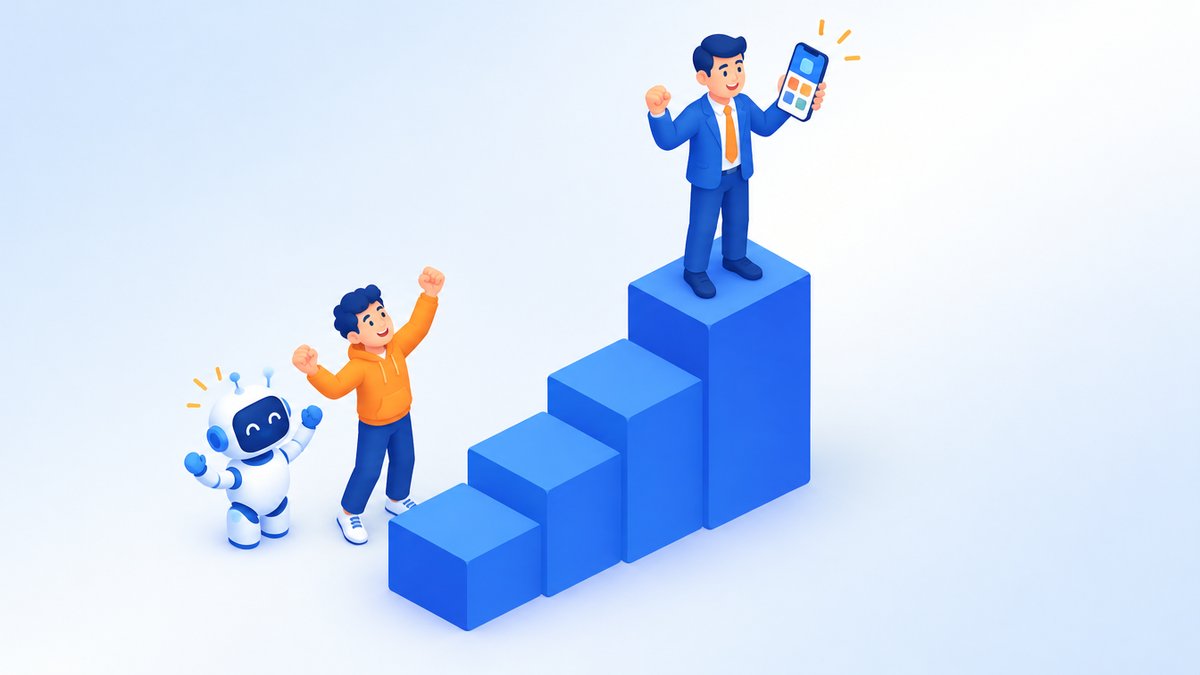完成したアプリを手に開発の進め方を振り返る経営者のイラスト